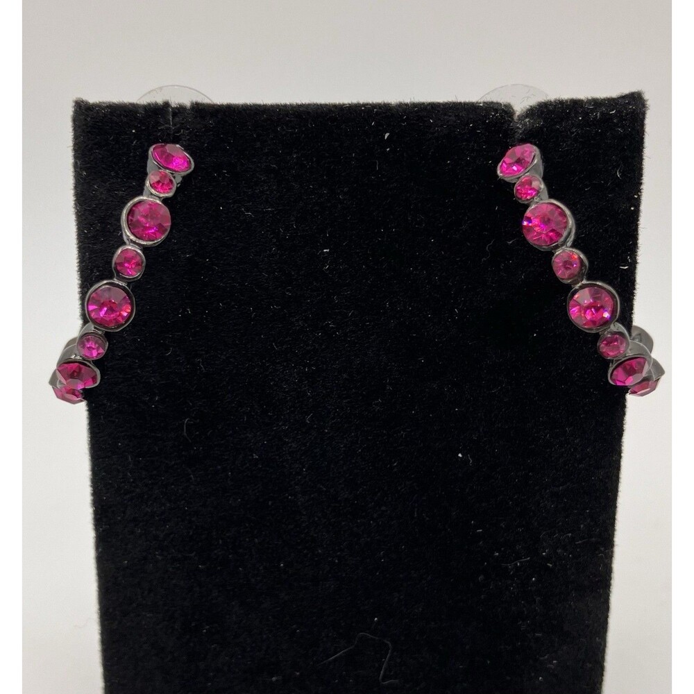 Joan Rivers Pink Rhinestone Black Tone Hoop Post Earrings Jewelry